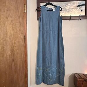 VTG Country Wear Casuals Denim Maxi Dress & Jacket Set‎ Blue Floral Embroidery